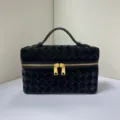 Black patent woven vanity bag with top handle and gold zippers for women chic daily use - Black