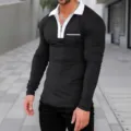 Men's long sleeve polo shirt casual contrast color zipper lapel slim fit top activewear - S / Black And White
