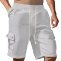 Detailed view of casual men's gray cargo shorts with comfortable drawstring and multi pockets. - S / White