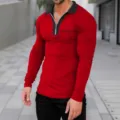 Men's half-zipper long sleeve polo shirt casual red slim fit top for autumn and winter daily wear. - S / Red/Black