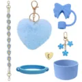 Stanley cup accessory set including silicone boot, bow straw topper, strap, and fuzzy keychain. - Blue
