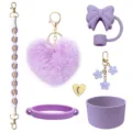 Lavendel Becher Zubehör Set mit Silikonboden, Schleife Strohhalmabdeckung und Plüsch Herz. - Lila
