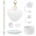 Weisses Stanley Becher Zubehoer Set mit Pluesch Herz Schluesselanhaenger und Blumen Kordel. - Weiß