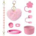 Rosa Stanley Tasse Zubehör Set mit Plüsch Herz Anhänger, geflochtenem Band und Strohhalm. - Rosa
