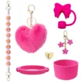 Rosa Becher Zubehör Set mit Silikon Schutzhülle, Schleife Strohhalm Abdeckung und Kette. - Fuchsia