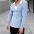 Men's Light Blue Half-Zip Long Sleeve Polo Shirt with White Collar and Pocket Variant - Sky Blue & White