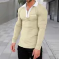 Men's Long Sleeve Polo Shirt, Khaki Casual Slim Fit Top with White Collar and Zipper - Apricot and White