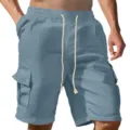 Men casual cargo shorts summer drawstring multi-pocket retro streetwear fashion apparel - S / Blue