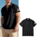 Men's black short sleeve polo shirt with US flag embroidery, casual lapel design top. - S / Tops / Black