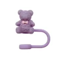 Cute purple bear silicone straw cover with pink bow, dust-proof topper for 10mm cups. - Purple