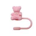 Cute pink bow bear silicone straw cover for 10mm Stanley cups, dustproof smiley cap. - Pink