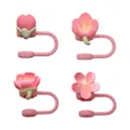 Cute pink peach blossom straw cover set for 10mm tumblers, silicone dust-proof straw tip caps. - Pink Set