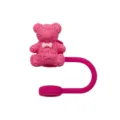 Pink silicone straw topper with cute bear design and white bow, 10mm straw cover dustproof - Rose Red