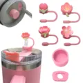 Pink peach blossom silicone straw cover set spill stopper 10mm dustproof cap for tumbler accessories - Pink 6-Piece Set