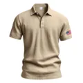 Men's casual breathable linen short sleeve polo shirt with American flag embroidery khaki - Khaki