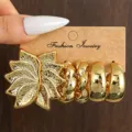 Goldene Blumen und klobige C-Reif Ohrringe Set, modische Statement Metallschmuck Damen. - Blume C-Form (Modell B)