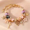 Goldfarbenes DIY Charm Armband mit rosa Leo-Perlen und süßen Anhängern für Damen. - Rosa Leopardenherz Stil (BZ2407HB-B)