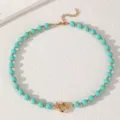 Türkis Perlenkette Gold Metall Verschluss Sommer Strand Schmuck Charme schickes Accessoire - Halskette / Zyanfarbene Halskette