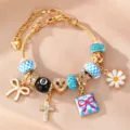 Vergoldetes DIY Charm Armband mit süßen Anhängern und bunten Perlen für Damen. - Blau Gitter Herz Stil (BZ2406lanseHB)