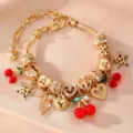 Goldener DIY Bettelarmband mit Kirschen und Leo Herz Anhängern für Damen Modeschmuck. - Leoparden Stern Kirschstil (BZ2411jinseHB)