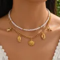 Mehrlagige Perlen und Gold Meeresanhänger Halskette mit schönen Seesternen und Muscheln. - Doppelreihiges Halsketten-Set (NS0027)