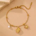 Gold stainless steel summer beach anklet with cute shell starfish and pearl charms. - Shell Style (FS007hailuo)