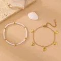 Schickes Perlen- und Goldherz-Armband-Set, eleganter, bohemischer Strandschmuck für Damen. - Herzanhänger Zweiteiliges Set (FS018)