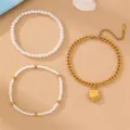 Böhmischer Strand-Stil dreiteiliges Muschel Fußkettchen und Armband Set mit Perlen und Goldkette. - Muschelanhänger Dreiteiliges Set (FS013)