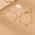 Böhmischer Strand Perlen und Kronen Anhänger Fußkettchen Set, elegante Sommer Fußschmuck. - Kronen-Anhänger Zweiteiliges Set (FS014)