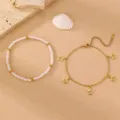 Bohemian Strand Doppelschicht Fußkettchen Set mit süßen Stern Anhängern und weißen Perlen. - Sternanhänger Zweiteiliges Set (FS015)