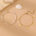 Schickes doppelreihiges Perlen und Gold Anhänger Fußkettchen Set für den perfekten Strandurlaub. - Runde Scheibe Anhänger Zweiteiliges Set (FS016)