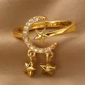 Vergoldeter, verstellbarer Ring mit funkelndem Zirkon-Mond und süßen hängenden Sternen-Anhängern. - Stern-Mond-Stil (RZ0908xingyue)
