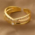 Verstellbarer goldener Mehrfach-Ring mit funkelnden Zirkonia Steinen für Damen. - Gekreuzter Strass-Mehrschichtstil (RZ0909jiaocha)