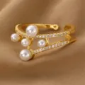 Gold Doppelschicht Perle Zirkon Offener Ring Verstellbarer Modeschmuck für Frauen - Zweischichtiger Perlen-Vollstrass-Stil (RZ0909zhenzhu)