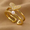 Goldfarbenes Doppel-Band-Ring mit glitzerndem Zirkon-Herz und Perle, größenverstellbar. - Strass-Herz-Perlen-Stil (RZ0909shixin)