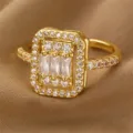 Vergoldeter verstellbarer Ring mit geometrischem Zirkonia-Pavé-Design für Damen. - Rechteckiger Geometrischer Cluster-Stil (RZ0909fangtang)