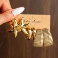 Vergoldete chunky creolen und seestern ohrringe set, trendiger minimalistischer stil schmuck. - Gold Seestern Reifen Set C