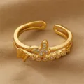 Goldener Schmetterling offener Ring mit Zirkonia, verstellbarer doppelter Fingerschmuck. - Doppelschichtiger Schmetterlings-Pave-Stil (RZ0910hudie)