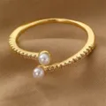 Goldener Offener Ring mit doppelten Perlen und Zirkonia Kristallen für Damen Mode. - Doppelperlen-Pave-Stil (RZ0910zhenzhu)