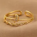 Goldener offener Ring doppelter Band Zirkonia Herz Anhänger verstellbarer Fingerschmuck - Doppelschichtiger Herz-Zirkonia-Stil (RZ0911aixinzuan)