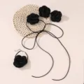 Detail view of handmade black fabric rose choker necklace and matching bracelet, elegant floral. - Choker And Wrist Flower Set / Black