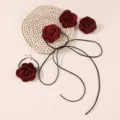 Handmade fabric rose flower choker necklace and bracelet set for stylish women jewelry - Choker And Wrist Flower Set / Red
