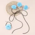 Handmade blue rose flower choker necklace and bracelet set with black cord for women daily wear. - Choker And Wrist Flower Set / Blue