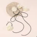 Handmade fabric camellia rose choker necklace and bracelet set with black ribbon ties for women. - Choker And Wrist Flower Set / Beige