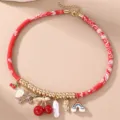 Rote Paisley Stoff Choker Halskette mit goldenen Perlen niedlichen Anhängern Schmuck Damen - Rot Paisley Kirsche Stil