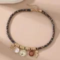 Leopard Muster Samt Kordel Halskette mit Perle Blumen Anhänger Schmuck Damen - Leoparden Sonne Blume Stil