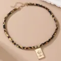 Leopard Muster Samt Seil Choker Halskette mit Gold Palme Anhänger Damen Mode Schmuck - Palme Platte Anhänger Stil