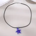 Damen Mode schwarze Kordel Halskette mit blauem Glas Seestern Anhänger mit weißen Punkten - Blau Weiß Gepunkteter Seestern Stil (NZ3310-H)