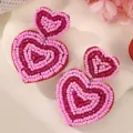 Orecchini a doppio cuore di perline rosa da donna, orecchini pendenti a cuore carini per feste. - Stile Floreale Paillettes Rosa Rosso