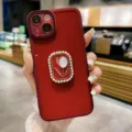 Red phone case with pearl tulip stand, compatible with iPhone models, elegant daily protection accessory. - Red / iPhone 15Promax
